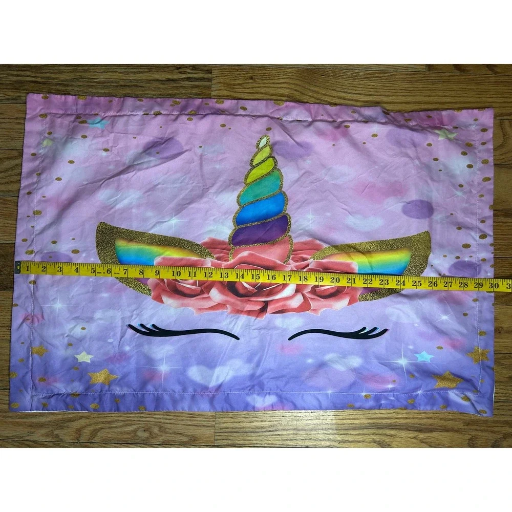 Kids Unicorn Pillowcase Rainbow‎ Horn Roses Sparkle Stars Purple Pink Bedding